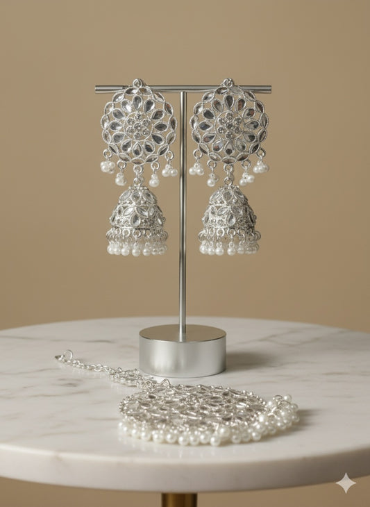 Silver Glow Jhumki Set (Earrings + Tikka)