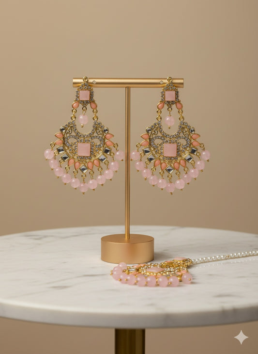 Pink Blossom Chandbali Set (Earrings + Tikka)